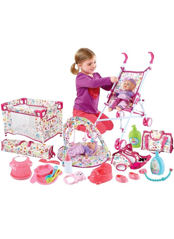 Kids Baby Doll Stroller Nursery Role Play Set With A Variety Of Feeding Toy And Play Mat Travel Cot Baby Carrier Stroller And Travel Bag