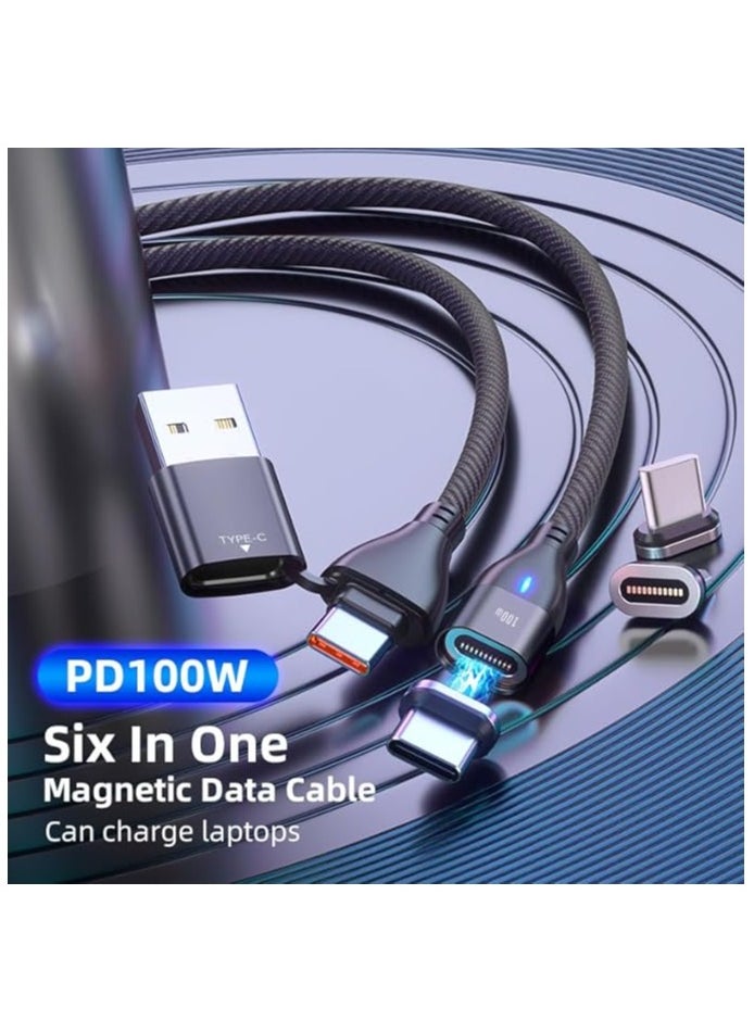 100W Magnetic Charging Cable, 6 in 1 Dual-head Multi Charging Cable, Magnetic USB C to C Cable/USB A to C Fast Charging Cords for IOS Products/Android/Micro USB/Type C Devices, 1.8M(6FT)