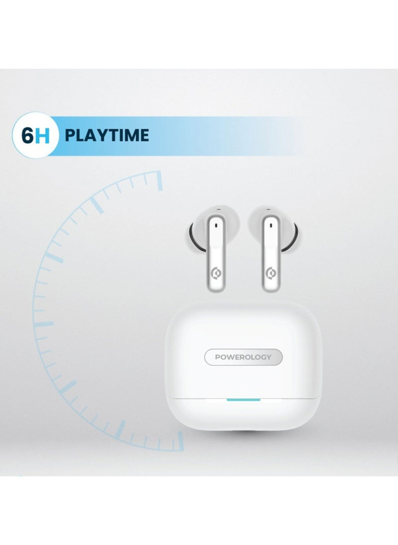 Hybrid ANC+ENC 6Mic Earphone - BT V5.3, Dual EQ Mode for Game and Music, 6-Hour Playtime, Fast Charging, IPX4 Water Resistance, Touch Controls, 350 mAh Charging Case Capacity_White