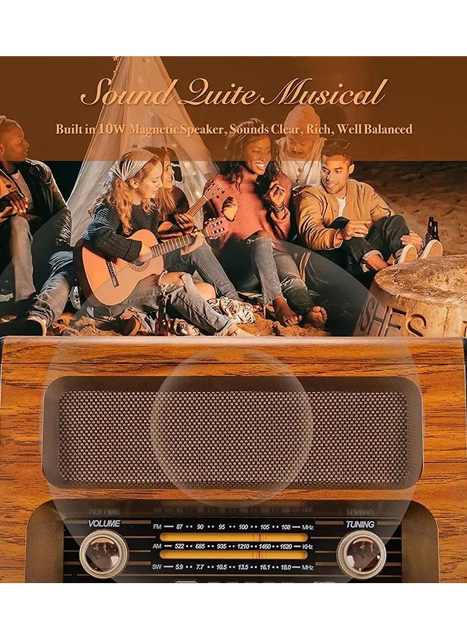 GOLON Wireless Speaker, Retro Handheld Built-In Wireless Speaker Wooden Sensitive Solar Charging with FM/AM/SW Radio