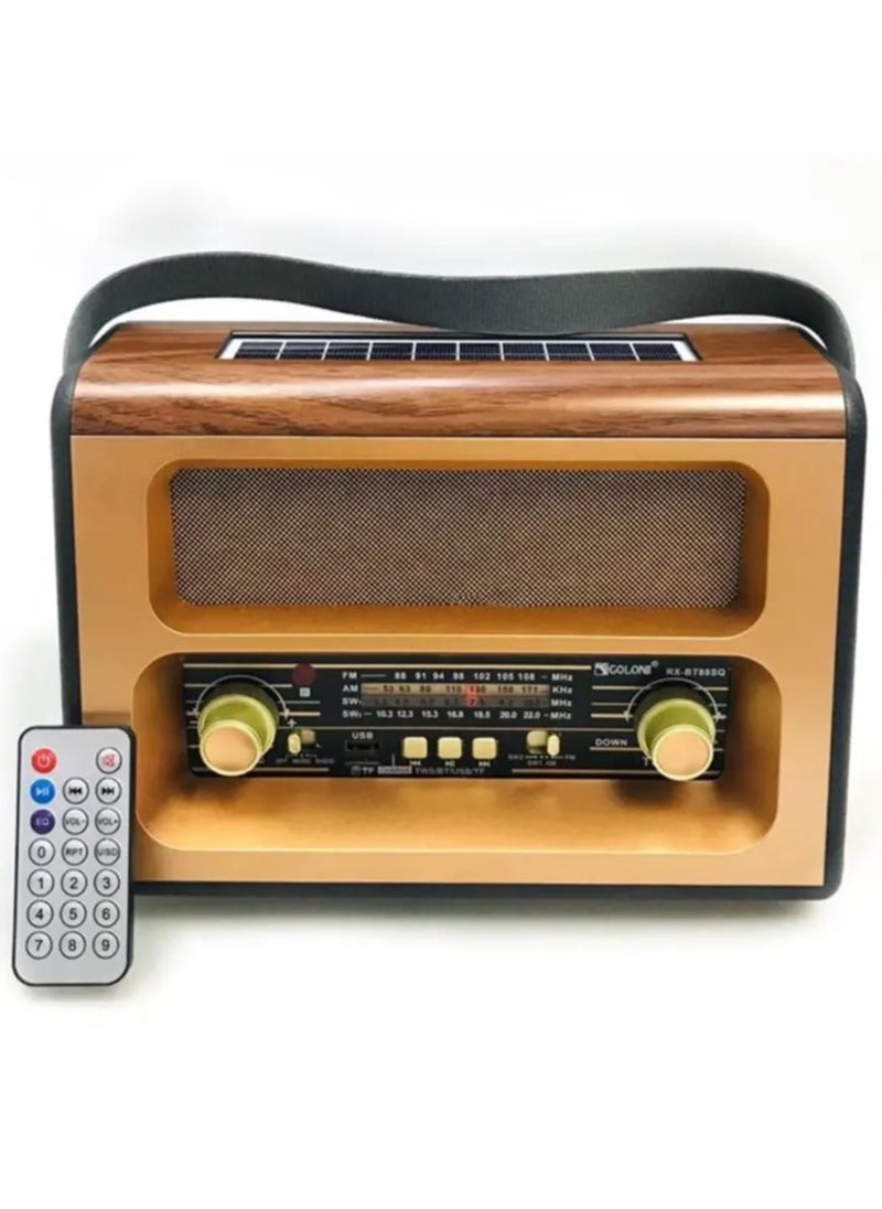 GOLON Wireless Speaker, Retro Handheld Built-In Wireless Speaker Wooden Sensitive Solar Charging with FM/AM/SW Radio