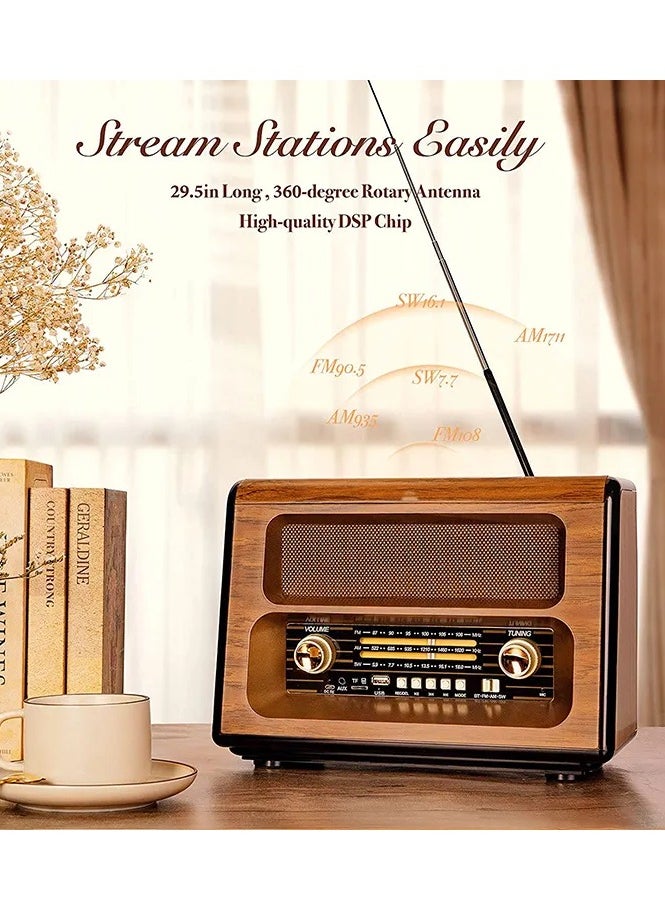 GOLON Wireless Speaker, Retro Handheld Built-In Wireless Speaker Wooden Sensitive Solar Charging with FM/AM/SW Radio