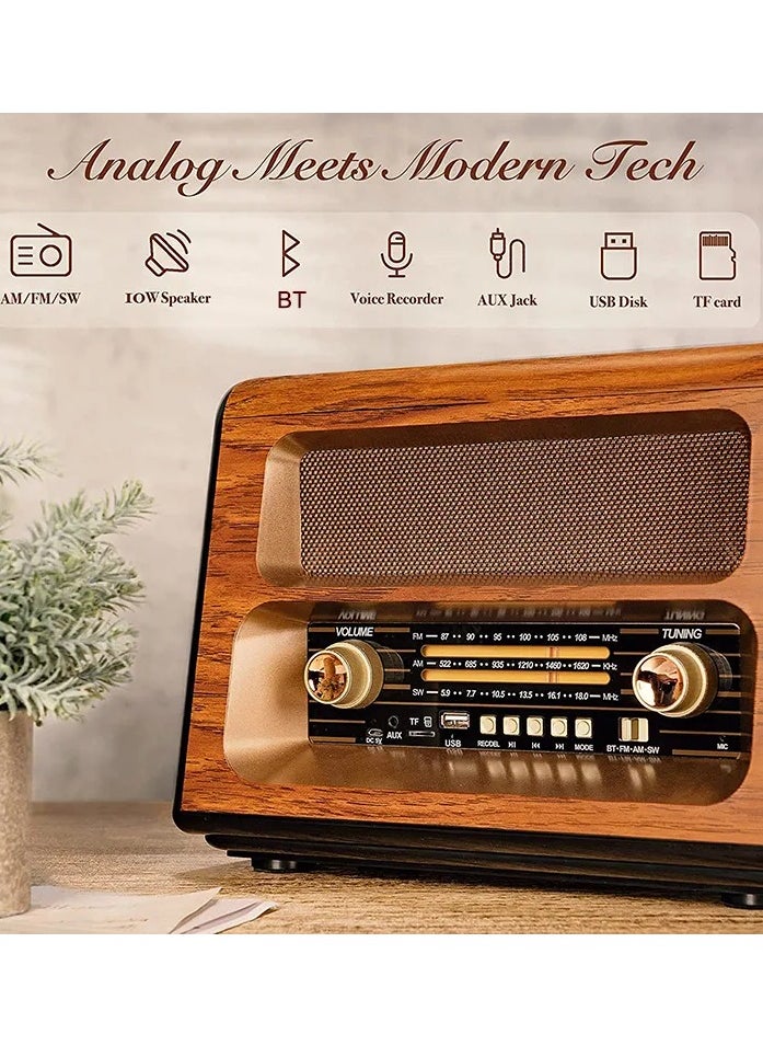 GOLON Wireless Speaker, Retro Handheld Built-In Wireless Speaker Wooden Sensitive Solar Charging with FM/AM/SW Radio