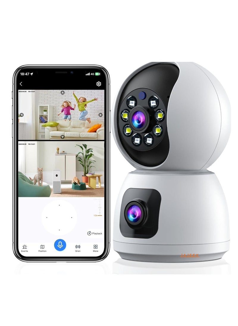 Dual Lens Indoor Security Camera – 360° Rotation, WiFi Wireless Smart Security Camera with Motion Tracking, Extended Viewing Angle, Dual Screen, Audio, and Mobile Alerts – Enhanced Home Monitoring and Protection