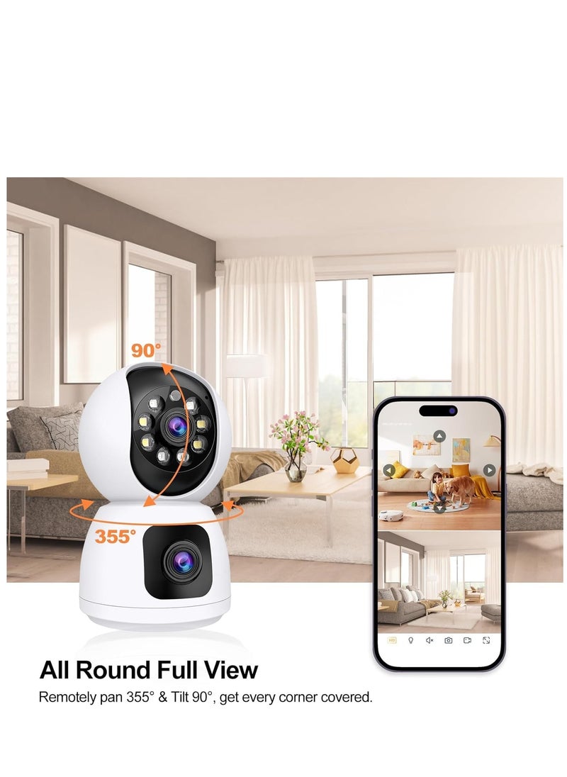 Dual Lens Indoor Security Camera – 360° Rotation, WiFi Wireless Smart Security Camera with Motion Tracking, Extended Viewing Angle, Dual Screen, Audio, and Mobile Alerts – Enhanced Home Monitoring and Protection