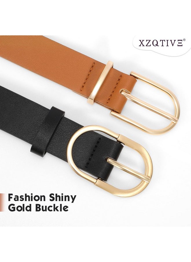 2 Pack Women'S Leather Belts For Jeans Pants Dress Fashion Gold Buckle Ladies Waist Belt