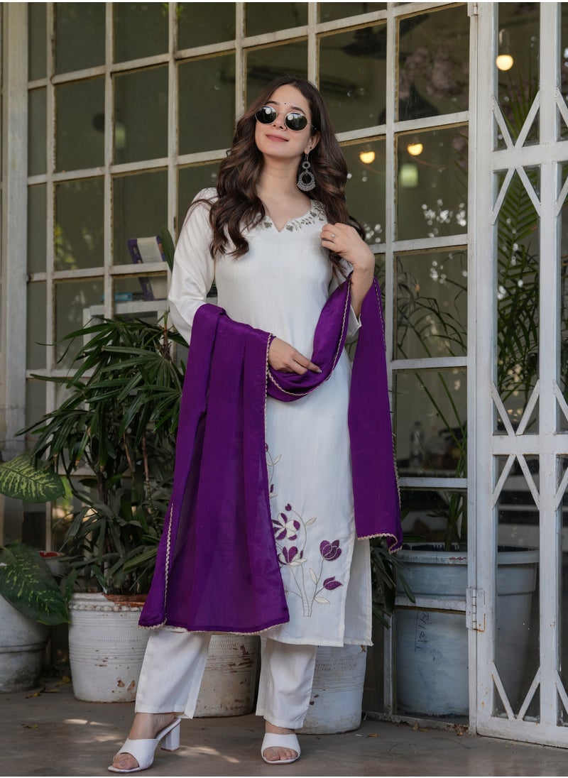 Women's Viscose Rayon embroidery straight kurta with pant and dupatta sets