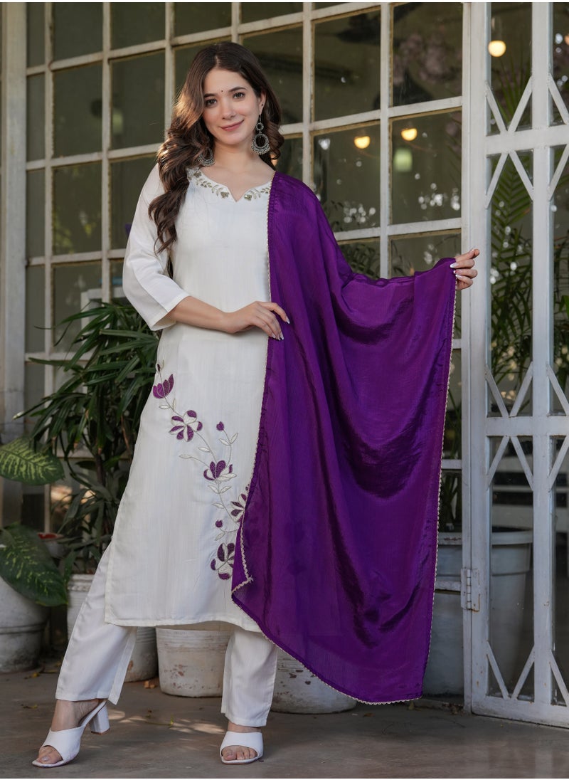 Women's Viscose Rayon embroidery straight kurta with pant and dupatta sets