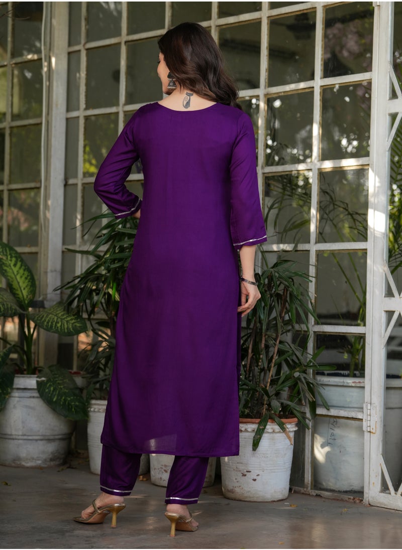 Women's Viscose Rayon Purple Embroidery Straight Kurta with Pant and Dupatta Set.