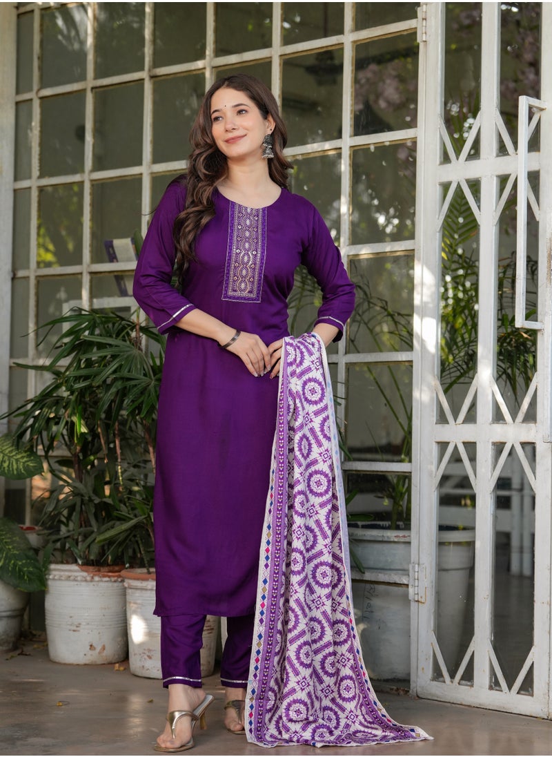 Women's Viscose Rayon Purple Embroidery Straight Kurta with Pant and Dupatta Set.