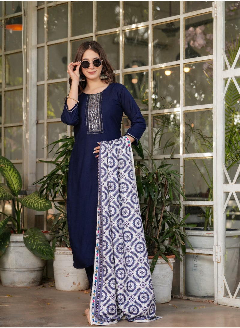 Women's Viscose Rayon Blue Embroidery Straight Kurta with Pant and Dupatta Set.