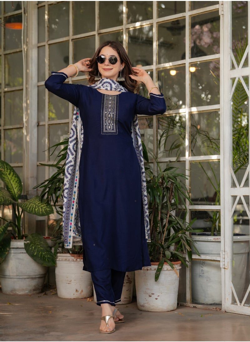 Women's Viscose Rayon Blue Embroidery Straight Kurta with Pant and Dupatta Set.