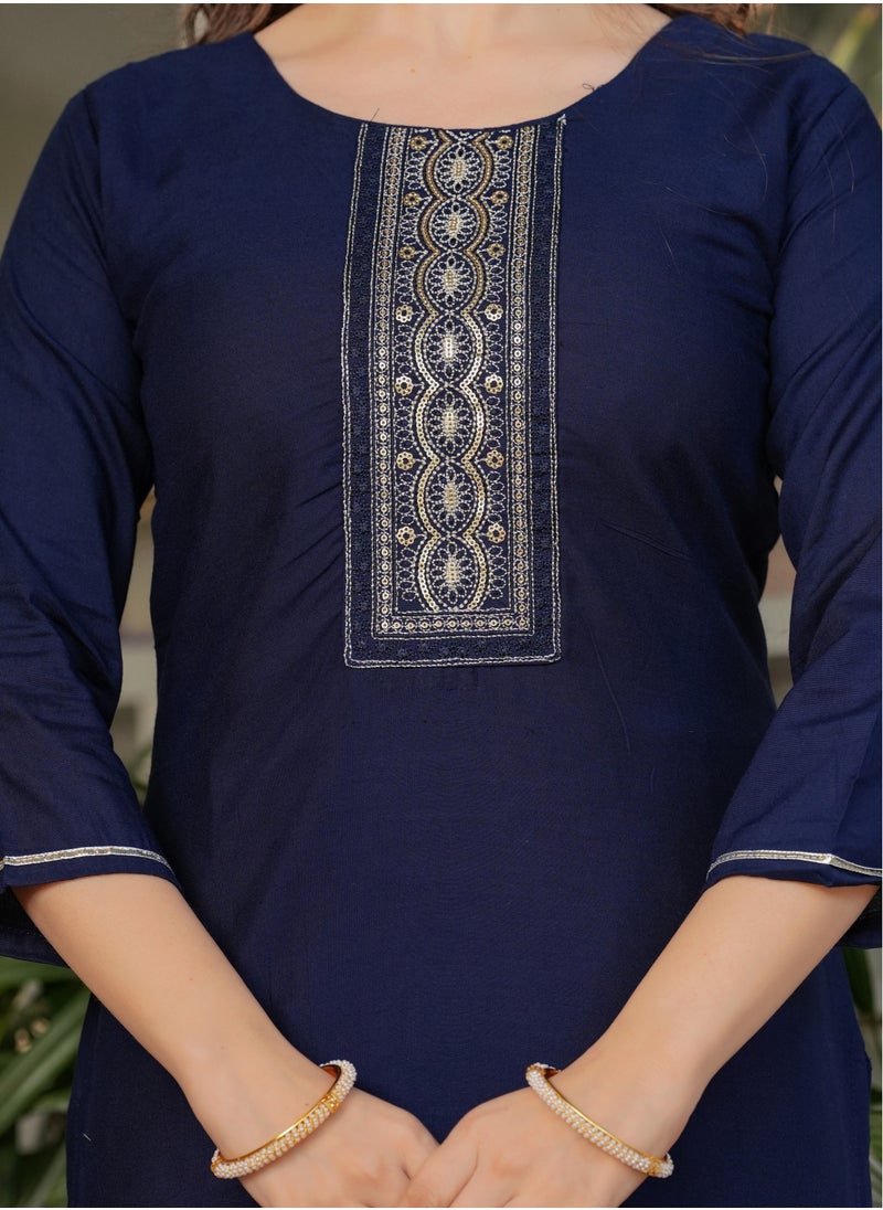 Women's Viscose Rayon Blue Embroidery Straight Kurta with Pant and Dupatta Set.