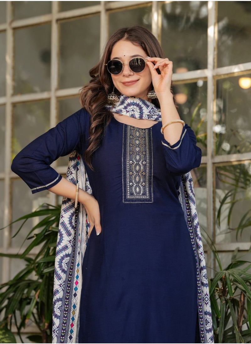 Women's Viscose Rayon Blue Embroidery Straight Kurta with Pant and Dupatta Set.