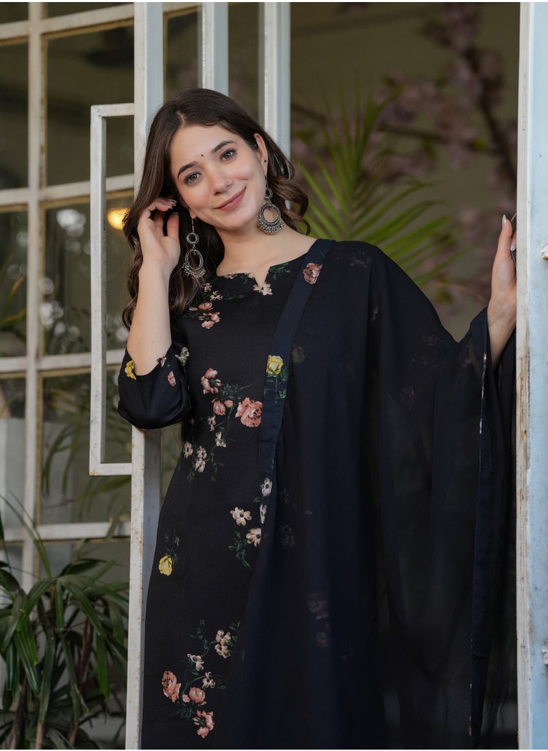 Women's Silk blend Black printed straight kurta with pant and dupatta sets