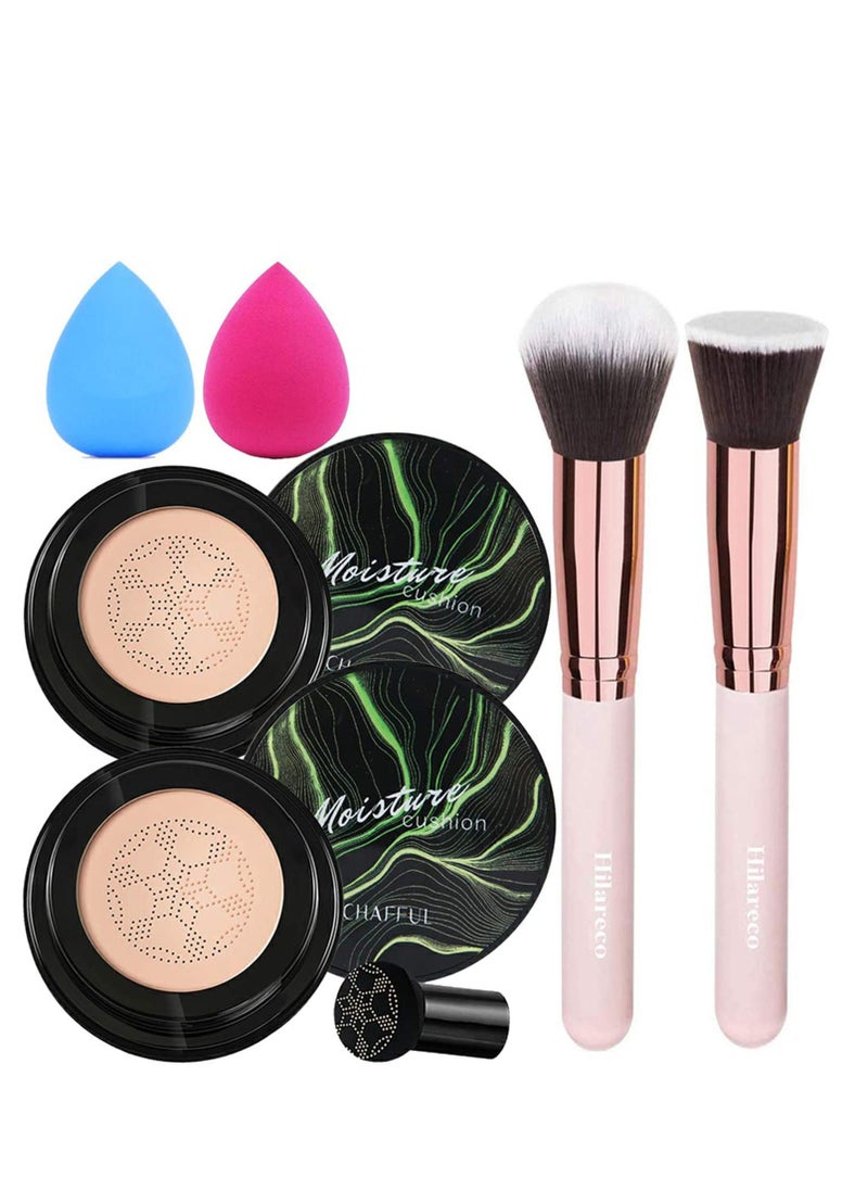 2 PCS Mushroom Head Air Cushion CC Cream Nature Foundation,Foundation Brush Powder Brush,Moisturizing Concealer, Bright Makeup Base Long Lasting with Mushroom Makeup Sponge(#02 Natural)