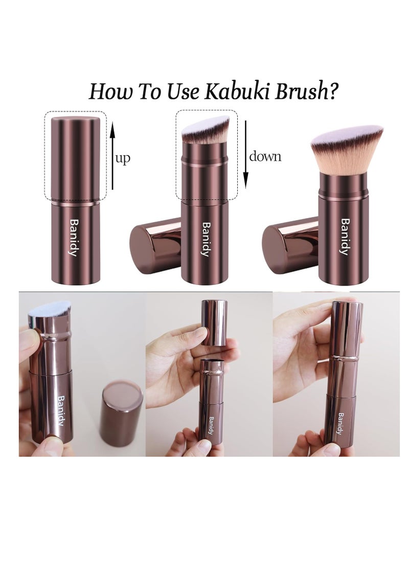 Makeup Brush Kabuki Face Brushes Retractable Travel Blush Kabuki Brush Portable Flawless for Foundation, Powder Blush, Bronzer, Buffing, Liquid, Cream, Cruelty Free with Cover(Brown)