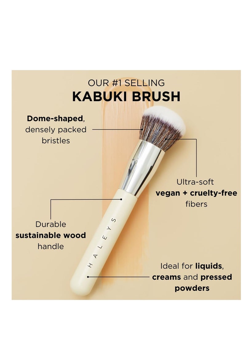 HALEYS Kabuki Makeup Brush VEGAN+CRUELTY-FREE, Sustainable Wood, Vegan Bristles for Airbrushed Finish, For Creams, Liquids, Powder, Streak-free, Perfect Blending, Buffs, Blurs, Smooths with Control