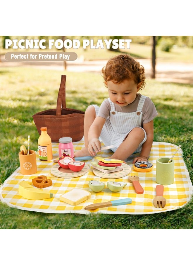 Wooden Play Food Set - 22 Pcs Play Food Sets For Kids Kitchen With Carry Basket,Pretend Food For Toddlers,Cutting Food Toys For Toddlers For 3+ Year Old Boys And Girls Gifts