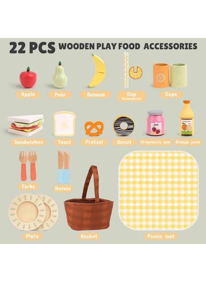 Wooden Play Food Set - 22 Pcs Play Food Sets For Kids Kitchen With Carry Basket,Pretend Food For Toddlers,Cutting Food Toys For Toddlers For 3+ Year Old Boys And Girls Gifts