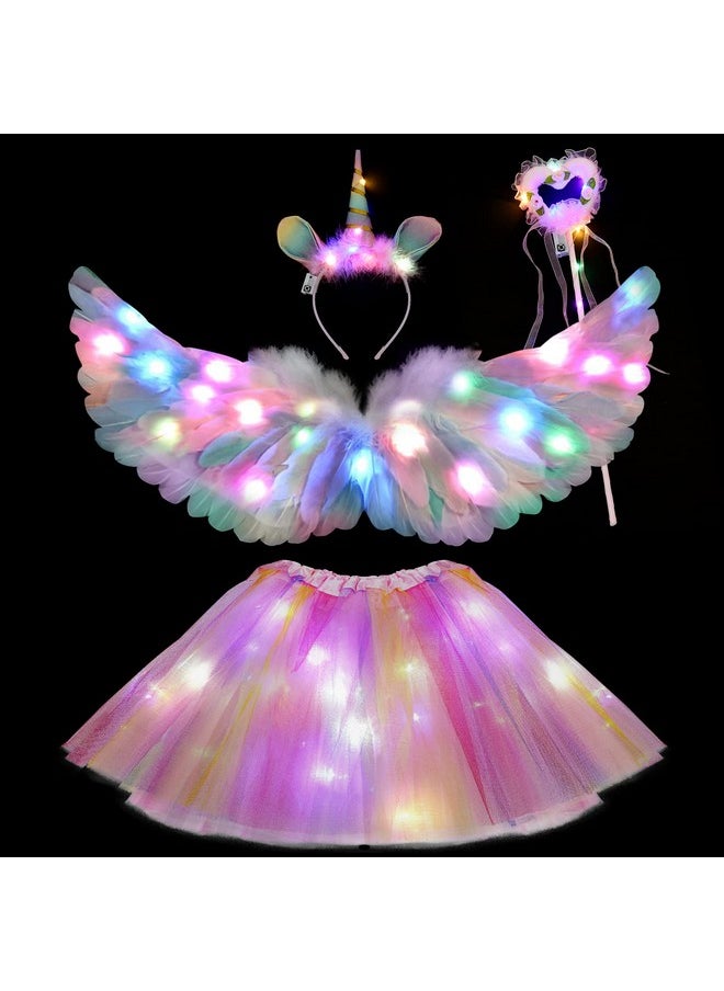 4Pcs Unicorn Costume For Girls 2-8 With Led Light Up Wing Halo Headband Fairy Wand Rainbow Pink Layered Tulle Tutu Princess Fancy Dress Up For Kids Girls Baby Halloween Birthday Cosplay Party