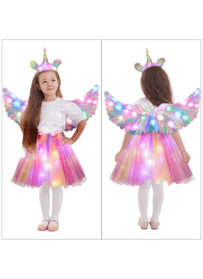 4Pcs Unicorn Costume For Girls 2-8 With Led Light Up Wing Halo Headband Fairy Wand Rainbow Pink Layered Tulle Tutu Princess Fancy Dress Up For Kids Girls Baby Halloween Birthday Cosplay Party