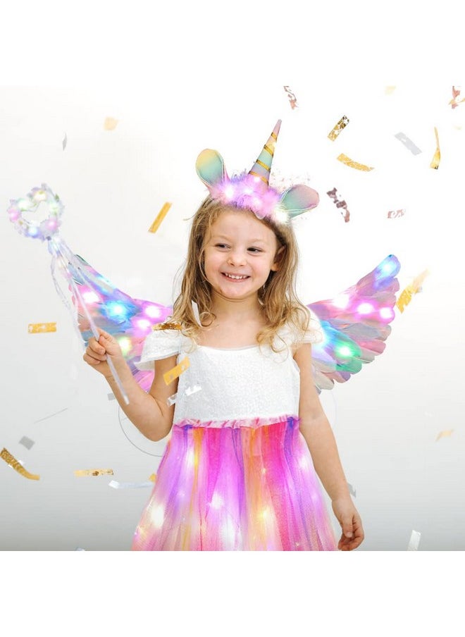 4Pcs Unicorn Costume For Girls 2-8 With Led Light Up Wing Halo Headband Fairy Wand Rainbow Pink Layered Tulle Tutu Princess Fancy Dress Up For Kids Girls Baby Halloween Birthday Cosplay Party