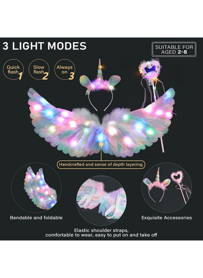 4Pcs Unicorn Costume For Girls 2-8 With Led Light Up Wing Halo Headband Fairy Wand Rainbow Pink Layered Tulle Tutu Princess Fancy Dress Up For Kids Girls Baby Halloween Birthday Cosplay Party