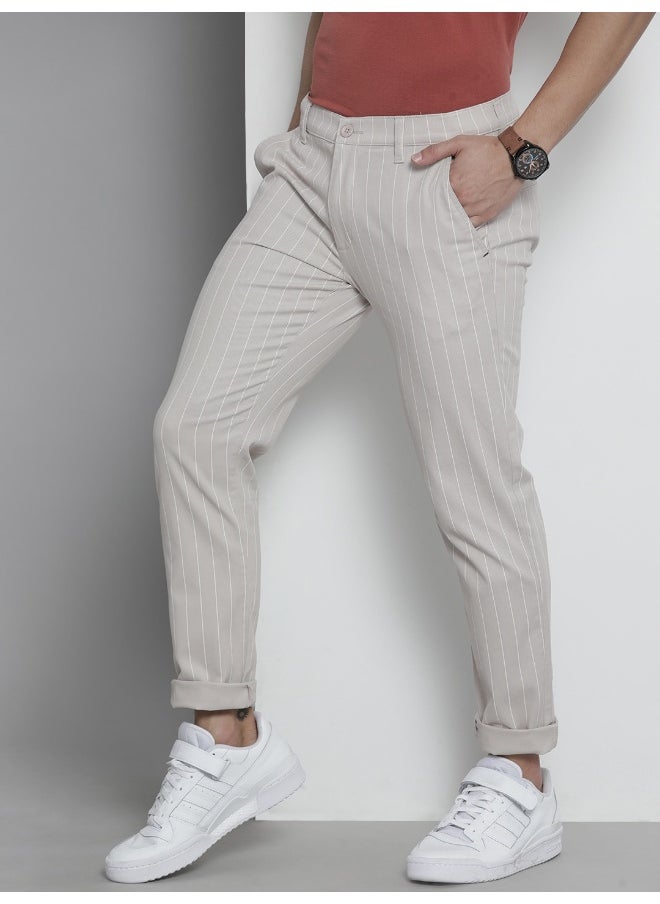 Light Beige Men Slim Fit Casual Striped Regular Chinos