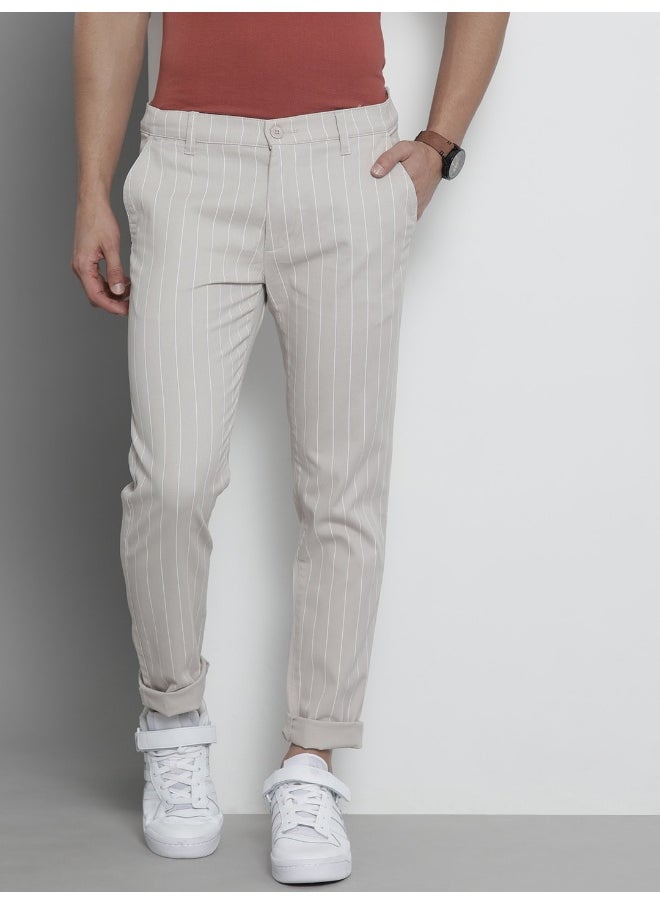 Light Beige Men Slim Fit Casual Striped Regular Chinos