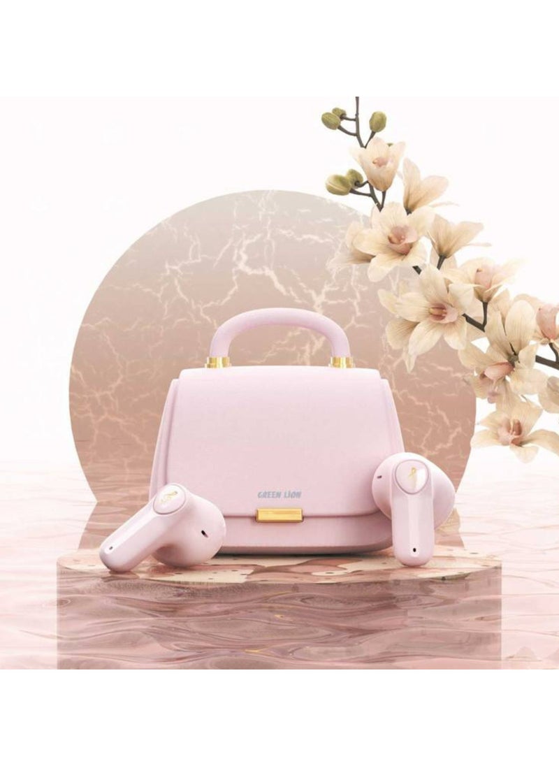 Queen's Mini Bag Style True Wireless Earbuds, JL6983 Chipset, Bluetooth Version 5.3, Up to 15 m Bluetooth Range, 5 Hours Playtime, Up to 16 Hours with Charging Case, 300 mAh Charging Case Battery, IPX4 Water Resistance Level - Light Pink