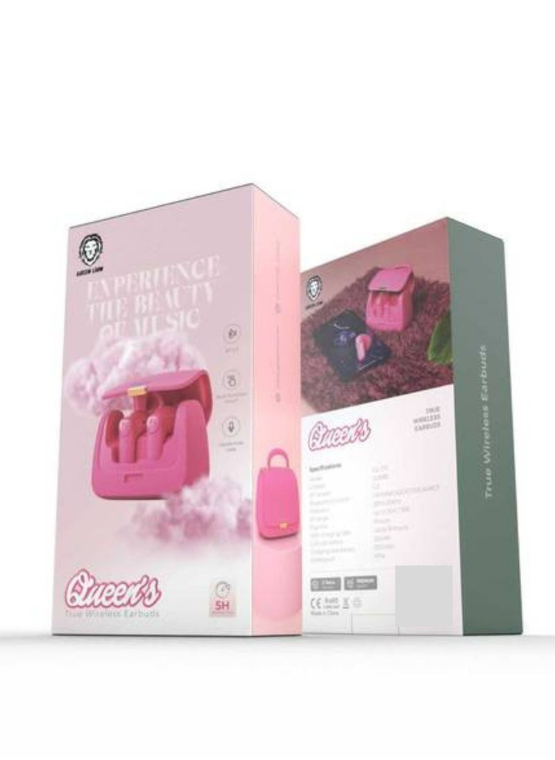 Queen's Mini Bag Style True Wireless Earbuds, JL6983 Chipset, Bluetooth Version 5.3, Up to 15 m Bluetooth Range, 5 Hours Playtime, Up to 16 Hours with Charging Case, 300 mAh Charging Case Battery, IPX4 Water Resistance Level - Pink