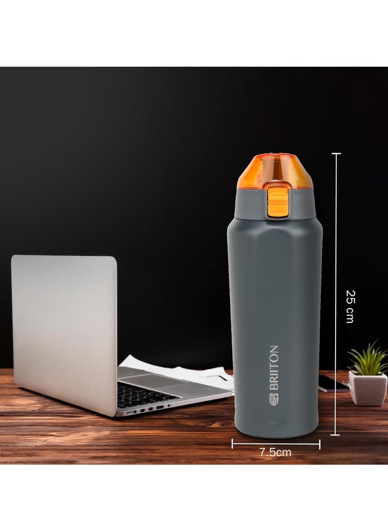 Tokyo 650ml Grey Stainless Steel Water Bottle | Copper Coated Vacuum Insulation | Powder Coated | Secure Grip | Leakproof Flask | Hot & Cold Thermos | Aqua Hydro