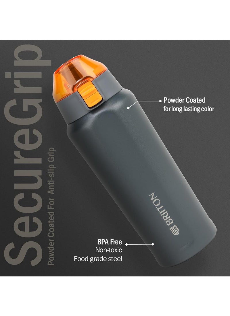 Tokyo 650ml Grey Stainless Steel Water Bottle | Copper Coated Vacuum Insulation | Powder Coated | Secure Grip | Leakproof Flask | Hot & Cold Thermos | Aqua Hydro