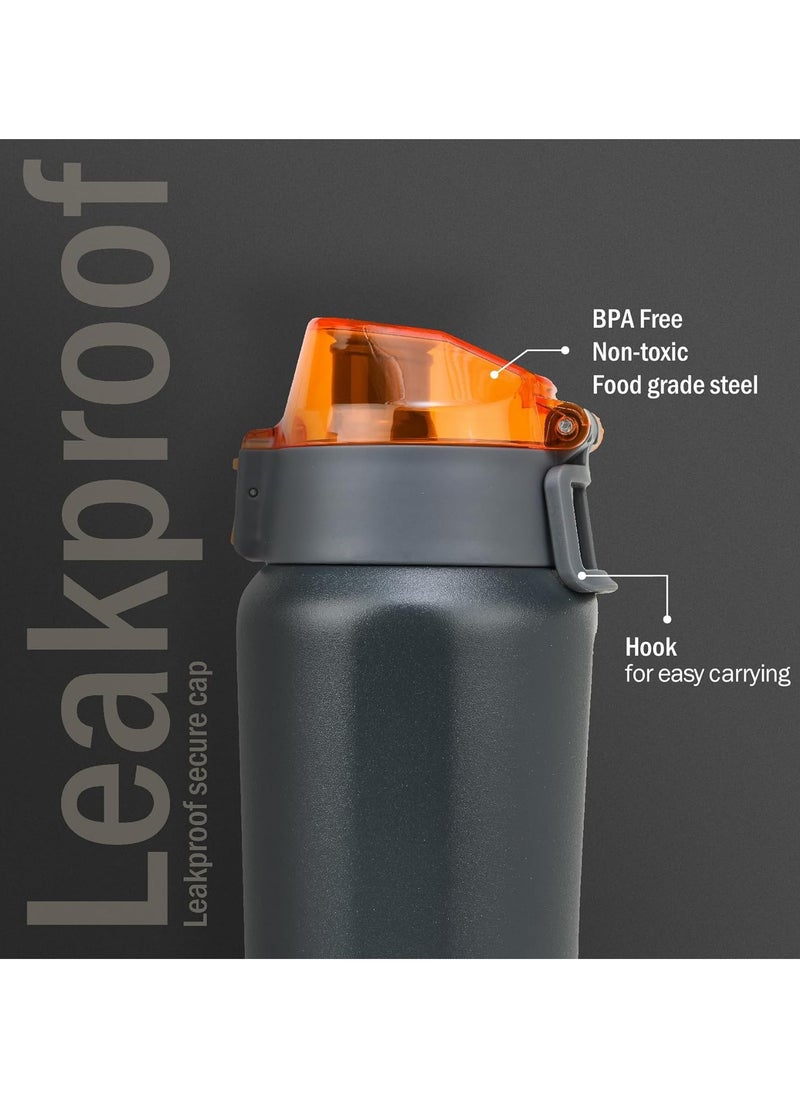 Tokyo 650ml Grey Stainless Steel Water Bottle | Copper Coated Vacuum Insulation | Powder Coated | Secure Grip | Leakproof Flask | Hot & Cold Thermos | Aqua Hydro