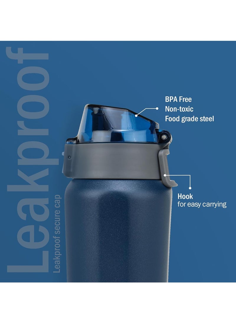 Tokyo 650ml Blue Stainless Steel Water Bottle | Copper Coated Vacuum Insulation | Powder Coated | Secure Grip | Leakproof Flask | Hot & Cold Thermos | Aqua Hydro