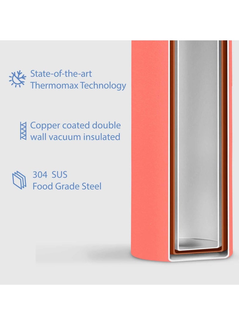 Hipster Water Bottle - 750ml | Copper Coated Vacuum Insulation | 304 Food Grade Stainless Steel | Powder Coated | Secure Grip | Leakproof Easy Pour Cap | Hot & Cold| Ideal for All | Pink