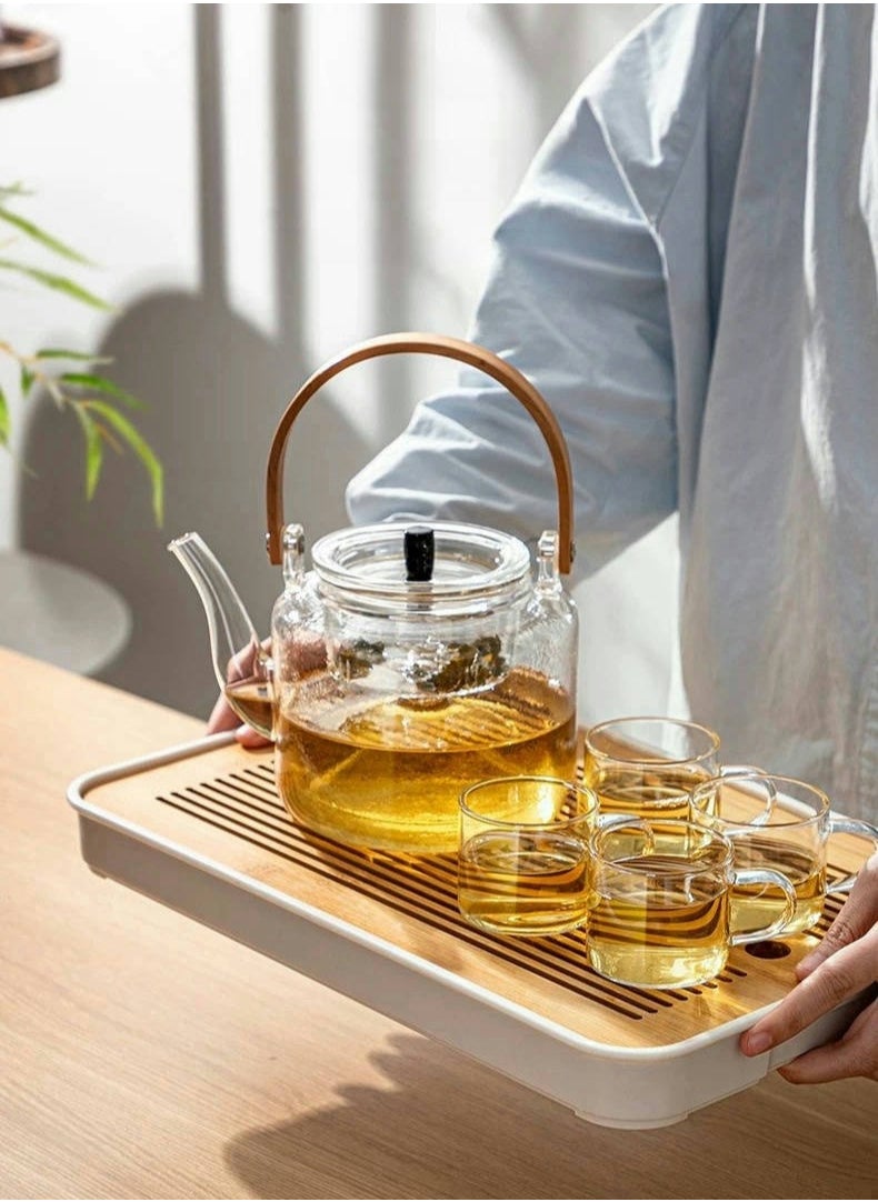 Glass Teapot Clear Tea Pot Stovetop and Microwave Safe Heat Resistant Tea Maker with Wooden Handle and Removable Strainer for Home Office