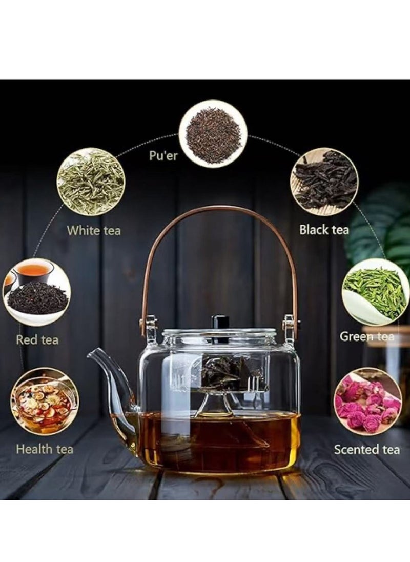 Glass Teapot Clear Tea Pot Stovetop and Microwave Safe Heat Resistant Tea Maker with Wooden Handle and Removable Strainer for Home Office