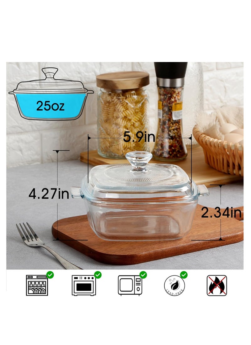 NUTRIUPS 0.8L Glass Casserole Dish with Lid Oven Safe Square Casserole Dish 5.9in Glass Microwave Bowl With Glass Lid Casserole Cookware (25oz-Mini)