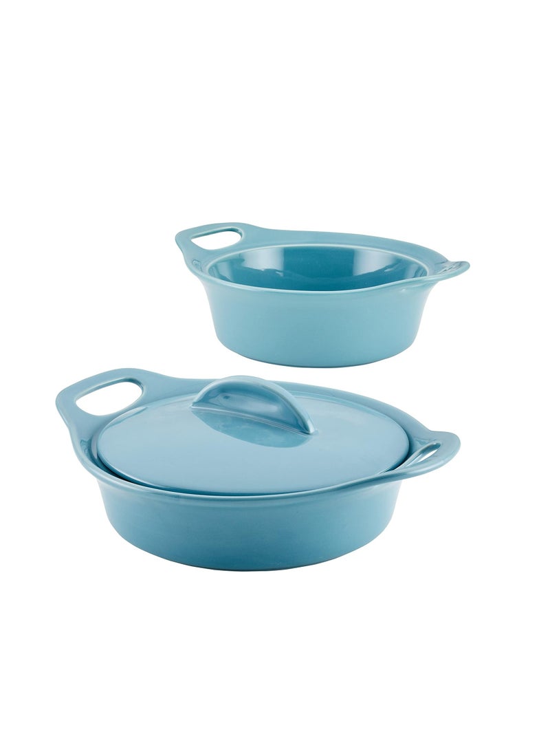 Rachael Ray Solid Glaze Ceramics Casserole Bakeware/Baker Set with Shared Lid, 3 Piece, Agave Blue