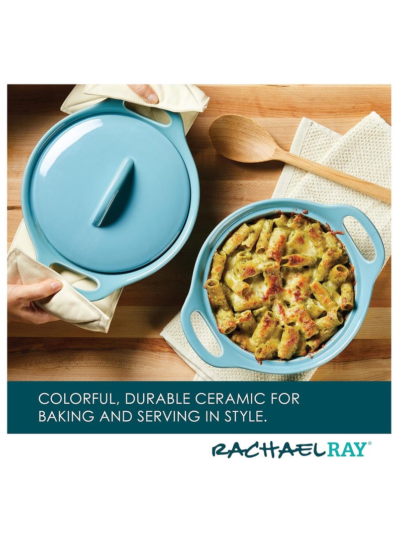 Rachael Ray Solid Glaze Ceramics Casserole Bakeware/Baker Set with Shared Lid, 3 Piece, Agave Blue