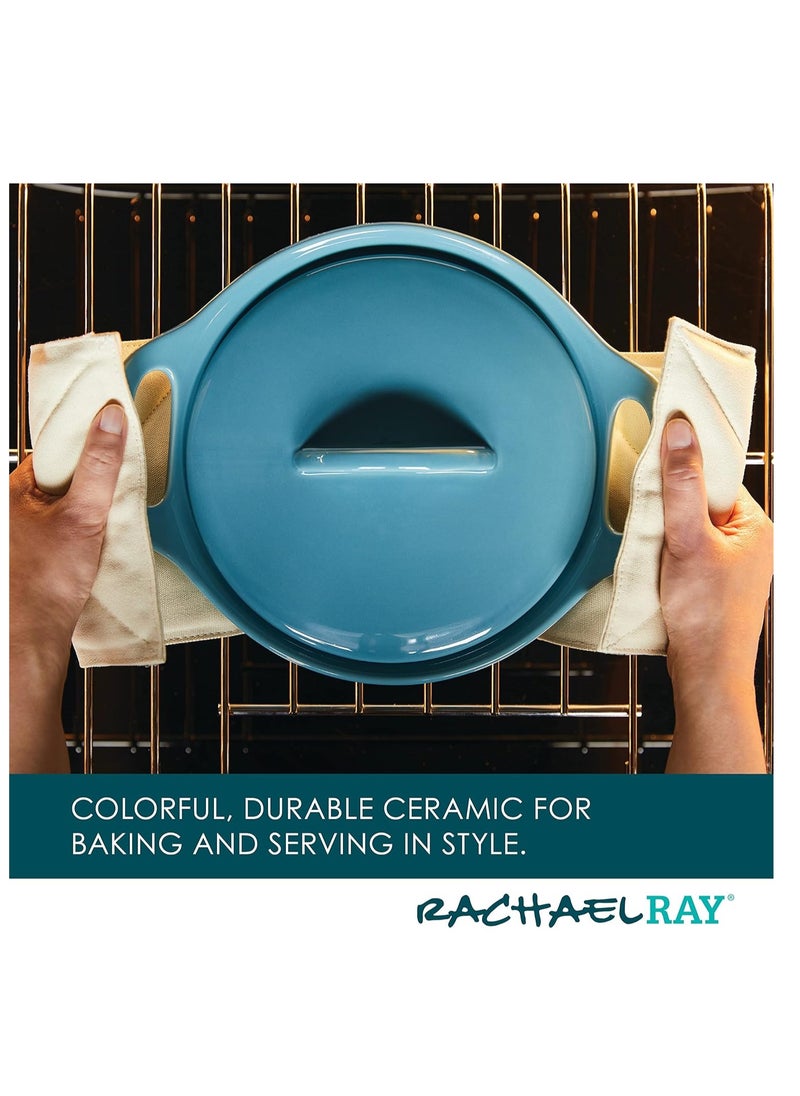 Rachael Ray Solid Glaze Ceramics Casserole Bakeware/Baker Set with Shared Lid, 3 Piece, Agave Blue