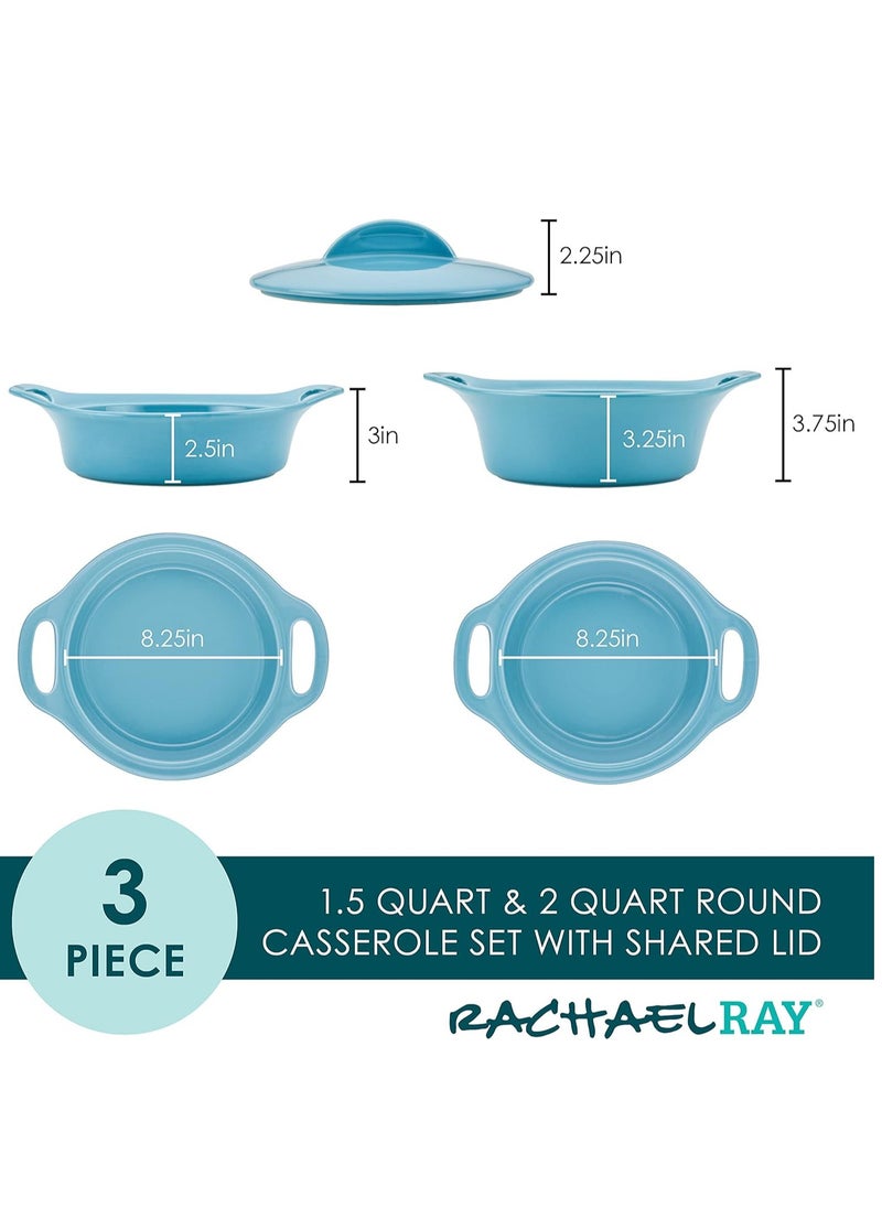 Rachael Ray Solid Glaze Ceramics Casserole Bakeware/Baker Set with Shared Lid, 3 Piece, Agave Blue