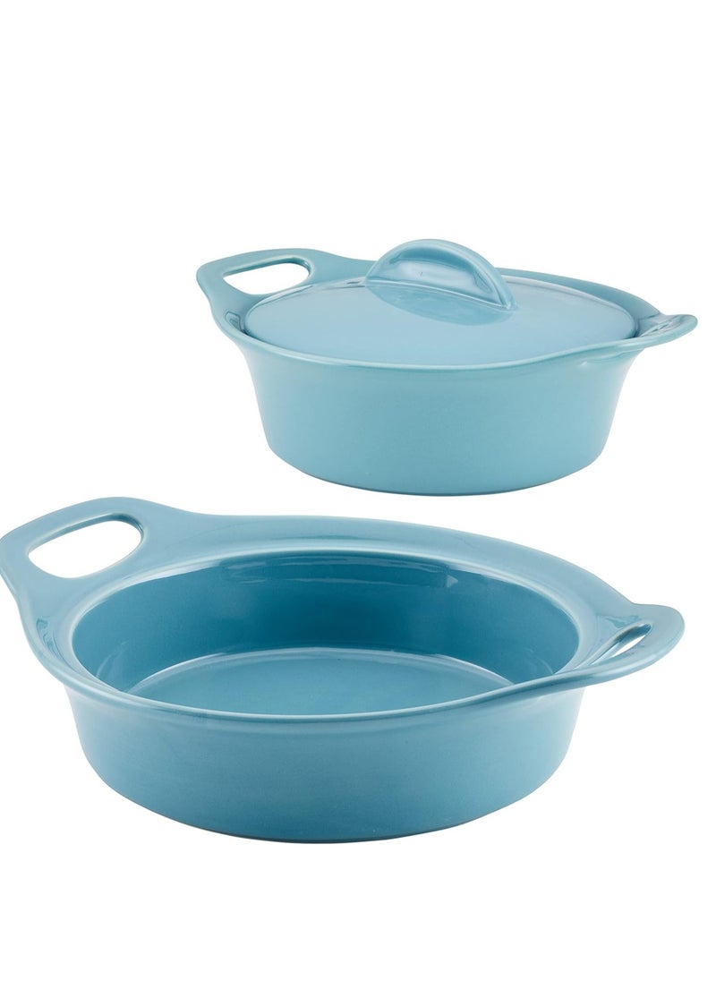 Rachael Ray Solid Glaze Ceramics Casserole Bakeware/Baker Set with Shared Lid, 3 Piece, Agave Blue