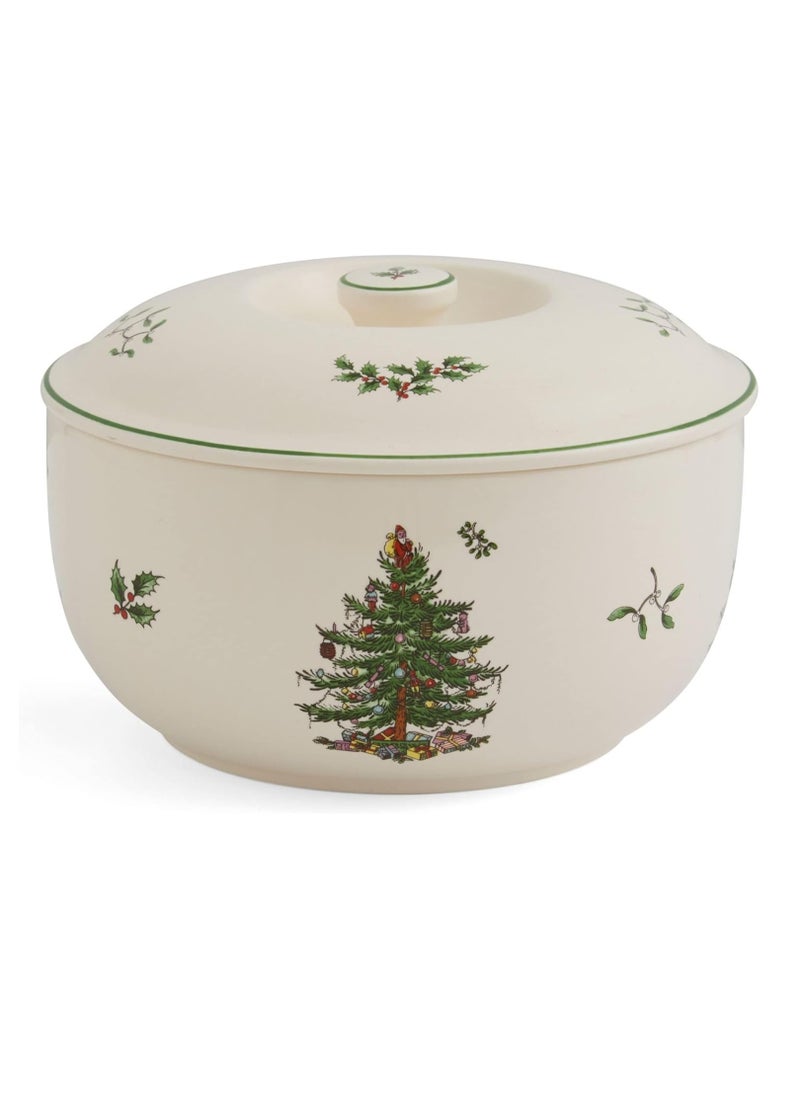 Spode Christmas Tree 1 Quart Round Casserole Dish with Lid - Stoneware Baking Dish for Holiday Desserts - Oven to Table Bakeware & Dishwasher Safe - Festive Holiday Serveware for Christmas Table