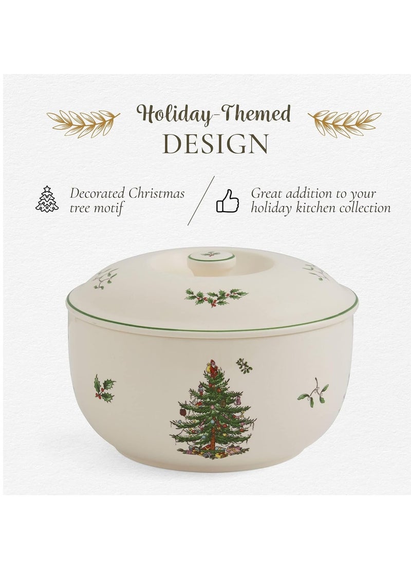 Spode Christmas Tree 1 Quart Round Casserole Dish with Lid - Stoneware Baking Dish for Holiday Desserts - Oven to Table Bakeware & Dishwasher Safe - Festive Holiday Serveware for Christmas Table