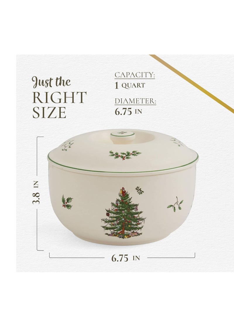 Spode Christmas Tree 1 Quart Round Casserole Dish with Lid - Stoneware Baking Dish for Holiday Desserts - Oven to Table Bakeware & Dishwasher Safe - Festive Holiday Serveware for Christmas Table