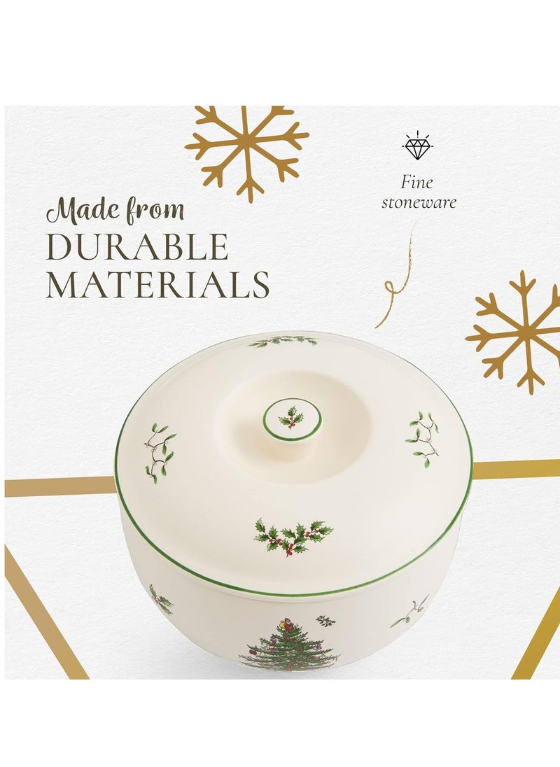 Spode Christmas Tree 1 Quart Round Casserole Dish with Lid - Stoneware Baking Dish for Holiday Desserts - Oven to Table Bakeware & Dishwasher Safe - Festive Holiday Serveware for Christmas Table