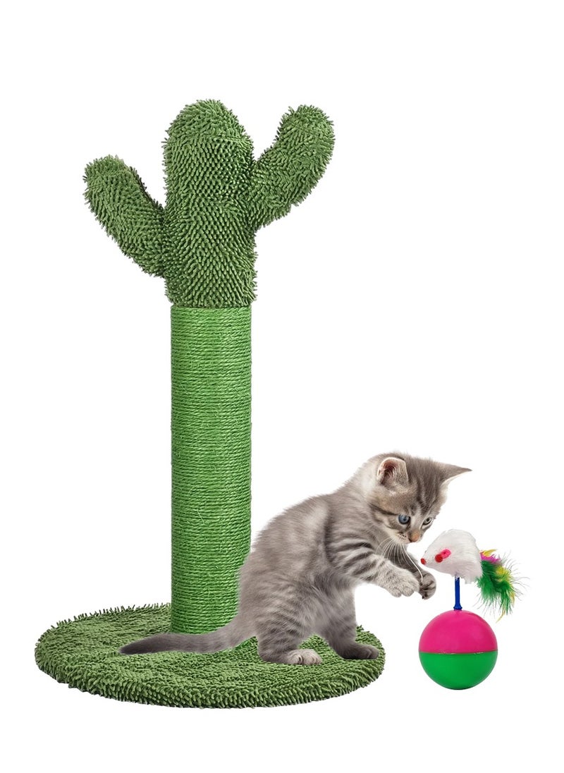 Cat scratching post with Cactus shape, Faux fur feather mouse, Natural sisal rope, and Stable base, Durable cat scratcher for indoor cats and kittens, Easy to assemble 65 cm (Green)